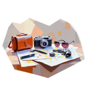 A collection of 1960s spy gadgets is displayed on a wooden table. The arrangement includes a vintage camera with a sleek design, a pair of binoculars with a leather case, a small listening device, a compact revolver, and a hidden camera pen. All gadgets are positioned neatly on the table, showcasing their unique features. In the background, there is a folded map and a pair of dark sunglasses, adding to the espionage theme. The lighting accentuates the metallic finishes of the gadgets, creating a sense of intrigue.