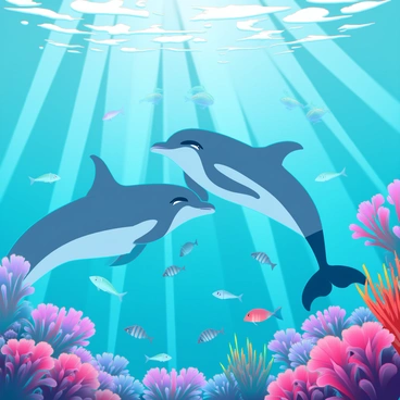 A vibrant underwater scene with colorful coral reefs in various shapes and sizes. There are schools of fish in different hues swimming amongst the corals, including small clownfish and larger angelfish. A friendly dolphin with a sleek, gray body is playfully interacting with the marine life, swimming gracefully through the water. Sunlight filters down from the surface, illuminating the scene and casting dynamic shadows on the ocean floor.