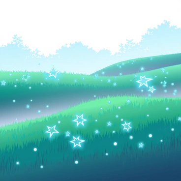 A misty meadow with soft, rolling hills covered in lush, green grass. The grass is dotted with glistening dew drops that catch the light, creating a sparkling effect throughout the meadow. Tiny, ethereal star spren with glowing bodies and delicate, shimmering wings are dancing gracefully among the grass. Their movements are fluid, leaving trails of light as they flit from one tuft of grass to another. The mist creates a dreamlike atmosphere, partially obscuring the distant trees that frame the edge of the meadow.
