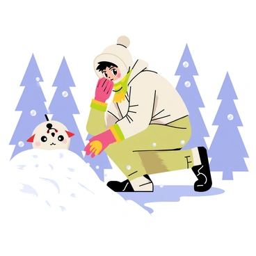 A trainer bundled up in thick winter gear with a fluffy hood is crouching down in a snowy landscape. The trainer has bright-colored gloves and a scarf wrapped tightly around their neck. Snowflakes are gently falling around them, and the ground is covered in a thick layer of fresh, white snow. In front of the trainer, a playful snow-covered Pokémon peeks out from behind a snowbank, its eyes sparkling with curiosity. The background features tall snow-covered trees and a clear blue sky, creating a wintry scene filled with excitement and adventure.