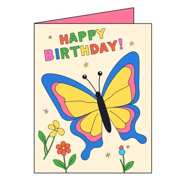 A colorful birthday card with a folded design. The front of the card showcases a large, cheerful butterfly with vibrant wings that are a mix of blue, yellow, and pink. The butterfly has friendly eyes and a big smile. Surrounding the butterfly are small, colorful flowers with green leaves, adding to the cheerful theme. Above the butterfly, in bold and playful letters, are the words "Happy Birthday!" in bright colors that complement the butterfly's wings. The background is a soft pastel shade that enhances the joyful atmosphere of the card.