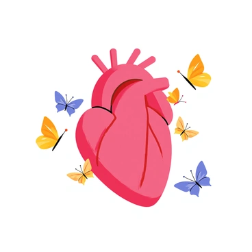 A 3D human heart is centrally positioned, showcasing its vibrant red color and intricate anatomical details. Surrounding the heart, a flurry of colorful butterflies with varied wing patterns is seen emerging and gracefully flying around. The butterflies are depicted in shades of blue, orange, and yellow, with delicate antennae and detailed wing structures. Some butterflies are positioned close to the heart, while others are mid-flight, creating a sense of movement and life in the scene.