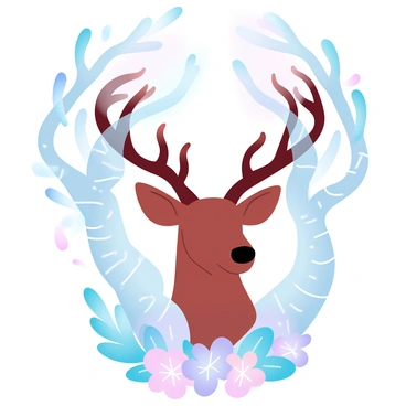 A deer's head with majestic antlers is prominently displayed among a cluster of enchanted trees. The trees are tall and slender, with twisting branches that stretch towards the sky. Their trunks are wrapped in shimmering vines that seem to glow softly. Surrounding the base of the trees is a carpet of colorful wildflowers in a variety of shapes and sizes. The overall atmosphere conveys a sense of wonder and enchantment, with subtle hints of iridescent light filtering through the leaves above.