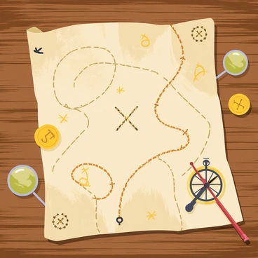 An ancient treasure map is spread out on a rustic wooden table with a textured surface. The map features faded parchment with intricate, mysterious symbols and drawings covering its surface. The symbols include compasses, X marks, and winding paths leading to an 'X' that signifies the treasure location. Various aged and weathered colors, like browns and greens, are visible on the map. A small, ornate compass lies next to the map, and there are scattered old coins and a magnifying glass placed on the table.