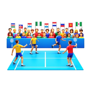 Players from different countries competing in a high-stakes international badminton match.
