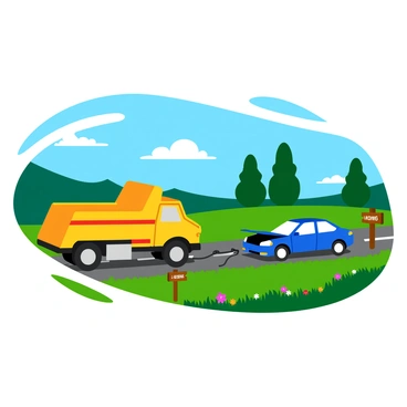 A tow truck rescuing a broken-down car on a quiet country road