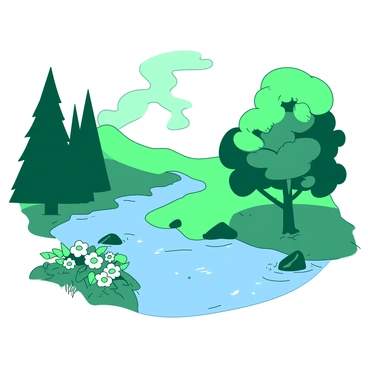 A serene landscape features a gently flowing river winding through lush green trees. Among the trees, the foliage forms a subtle outline of a face, with the branches creating the contours of the forehead and nose. The river reflects the sky, while a few rocks along the bank resemble the eyes. A cluster of flowers near the riverbank adds a touch of color to the scene, harmoniously blending with the natural elements that create this integrated visage.