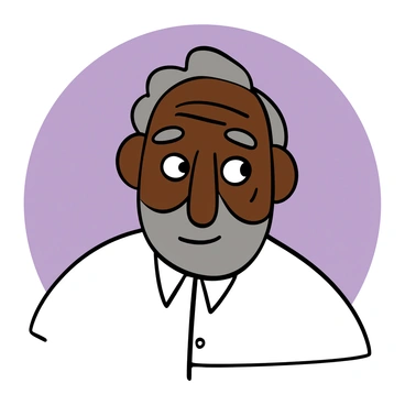 A close-up of an elderly man with dark skin and big eyes, showcasing deep wrinkles and a thoughtful expression. He has grey hair and a neatly trimmed beard. He is wearing a simple white shirt and has a calm demeanor. The background is a soft, muted color that highlights his features.