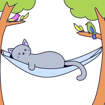 A cat with soft gray fur is lounging lazily in a hammock. The hammock is made of light fabric and is stretched comfortably between two sturdy trees with green leaves. Sunlight filters through the branches, casting gentle shadows on the hammock. The cat is sprawled out, with its eyes half-closed, enjoying a peaceful moment. A few colorful birds can be seen perched on the branches nearby.