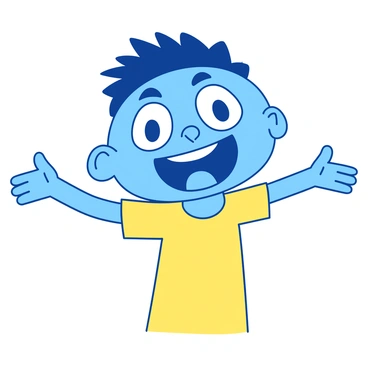 A blue cartoon character is posing with a big, friendly smile. The character has large, expressive eyes and round cheeks that enhance its cheerful demeanor. Its arms are extended wide, as if inviting someone for a hug. The character wears a bright yellow shirt with short sleeves, and its hair is styled in a playful, spiky manner. The background is minimal, focusing attention on the character’s joyful pose.