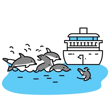 A group of four dolphins, with smooth gray skin and curved bodies, is swimming playfully beside a large cruise ship. The cruise ship is white with multiple decks, featuring several windows and balconies. The ocean is a deep blue, with gentle waves splashing against the ship's hull and the dolphins leaping above the water surface. The sky above is clear, allowing bright sunlight to illuminate the scene, creating reflections on the water. The dolphins are seen in various playful poses, some jumping out of the water, while others are swimming close to each other.