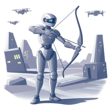 A futuristic robotic archer with a high-tech bow in a sci-fi setting
