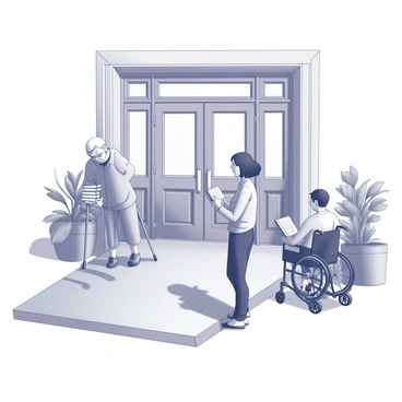 A library entrance featuring a wide accessibility ramp leading up to double doors framed by large windows. The ramp is gently sloped, providing easy access. In front of the entrance, a diverse group of visitors is gathered. There is an elderly woman with a walker, a young boy holding a stack of books, and a man in a wheelchair, all engaged in conversation. The architectural details of the building include decorative molding and a warm, welcoming atmosphere. Potted plants are placed on either side of the entrance, adding to the inviting feel.
