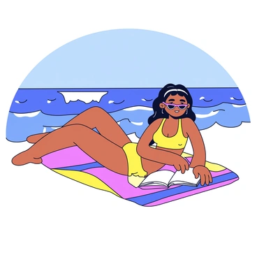 A surfer girl with sun-kissed skin is lounging on a colorful beach towel. She has long, flowing hair, wearing a bright bikini and sunglasses. In her hands, she holds an open book, focused on the pages. Behind her, the ocean waves gently lap against the shore, with a clear blue sky overhead. The scene conveys a relaxed beach atmosphere.