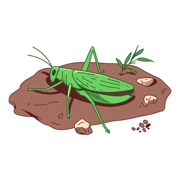 A green grasshopper fossil resting on a background of rich brown sediment. The fossil showcases intricate details, including the segmented body and delicate wings, which are partially visible in a lifelike position. Surrounding the fossil, there are small fragments of ancient leaves and tiny stones, indicating the environment of prehistoric times. The light source casts soft shadows, enhancing the texture of the fossil and the surrounding area.