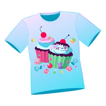 A bright t-shirt featuring a playful design of colorful cupcakes decorated with swirls of frosting and sprinkles. Each cupcake has a unique design, with one topped with a cherry and another with chocolate shavings. Scattered around the cupcakes are various candies, including gummy bears, lollipops with swirled patterns, and jelly beans in vibrant colors. The overall composition is fun and cheerful, with a light background that enhances the vivid colors of the cupcakes and candies.