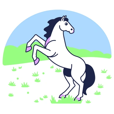A majestic stallion is rearing up on its hind legs in an open pasture. The stallion has a muscular build and a flowing mane that cascades down its neck. Its eyes are wide and expressive, showcasing its strength and spirit. The pasture is expansive, dotted with a few tufts of grass. In the background, a gentle hill rises, partially covered in lush grass. The sky above is a clear blue, providing a vibrant backdrop to the scene. The stallion's front hooves are raised high, capturing the moment of power and grace.