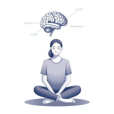 A peaceful illustration of a person meditating with an overlay showing the prefrontal cortex