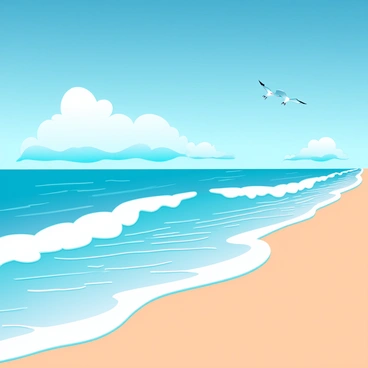 A wide view of gentle ocean waves rolling onto a sandy beach. The waves are softly cresting, creating white foam at the shoreline. Above, there is a clear blue sky with a few wispy white clouds scattered across it. The sunlight glimmers on the surface of the water, reflecting various shades of blue and turquoise. The beach is empty, with smooth golden sand extending into the horizon. Seagulls can be seen soaring above the waves, completing the tranquil scene.