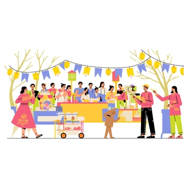 A vibrant cultural festival scene featuring performers in traditional costumes, including a dancer wearing a bright red dress with golden embroidery and a musician playing a colorful flute with intricate patterns. Colorful decorations such as banners in various shades of blue, yellow, and green hang between trees. Numerous food stands are set up, showcasing dishes like steaming dumplings and brightly colored fruit skewers. Brightly lit lanterns add to the festive atmosphere, while a lively crowd of people engages in celebration.