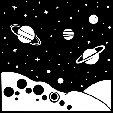 A vast cosmic scene filled with multiple planets of varying sizes and textures scattered across a dark expanse. Numerous stars of different shapes and sizes twinkle throughout the background, creating a sense of depth in the universe. There are several rings encircling one of the prominent planets, adding complexity to the composition. In the foreground, a cluster of asteroids is visible, creating a contrast against the smooth surfaces of the planets.