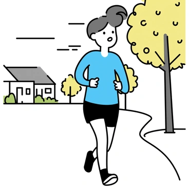 A person wearing a light blue athletic shirt and black shorts is jogging along a tree-lined sidewalk. The sun filters through the leaves, casting dappled shadows on the ground. The jogger has a focused expression, their brow slightly furrowed as they reflect quietly. In the background, small houses with trimmed lawns are visible, adding a sense of tranquility to the scene. The path curves gently, leading the jogger deeper into the peaceful neighborhood.