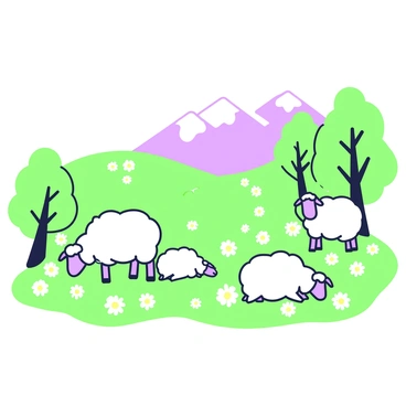 A group of sheep is grazing in a meadow filled with edelweiss flowers. The sheep are fluffy with white wool, some are standing while others are lying down on the soft grass. The meadow is dotted with clusters of delicate edelweiss flowers, characterized by their star-shaped petals. In the background, a gentle slope leads up to a distant mountain range, partially obscured by a light mist. A few trees are scattered around the meadow, providing patches of shade. The scene captures a tranquil moment in nature.