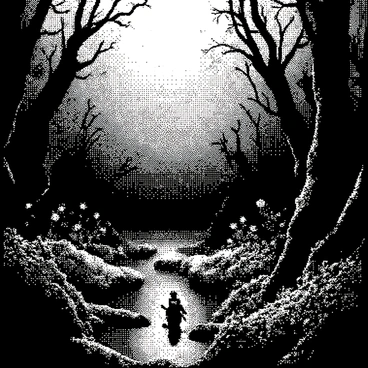 A swamp is filled with various plants and trees, their forms twisted and gnarled. The surface of the water reflects the shapes of the foliage above. Glowing plants emerge from the muddy ground, their soft luminescence illuminating the dark surroundings. In the foreground, small, mysterious creatures can be seen peeking out from behind the foliage, their features somewhat obscured by the thick vegetation. The atmosphere is dense with mist, adding to the sense of mystery enveloping the scene.
