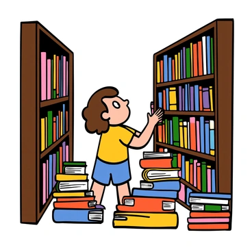 A child with light brown hair and big eyes is exploring the aisles of a quaint bookstore. The child is wearing a yellow t-shirt and denim shorts. They are looking up with curiosity at the high shelves filled with colorful book spines. Surrounding them are stacks of books on the floor, some open and some closed, creating a cozy and inviting atmosphere. The warm lighting of the bookstore adds to the charm, highlighting the wooden shelves and the eclectic selection of books.