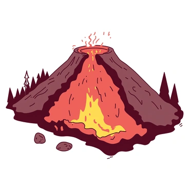 A duotone illustration features a cross-section of a volcano, showcasing the internal magma chamber. The exterior of the volcano is depicted in one color, with a rugged texture and rocky surface, while the interior reveals a glowing magma chamber in another color. Lava flows can be seen rising from the chamber toward the surface, with jagged cracks in the surrounding rock. Surrounding vegetation and small rocks are depicted in the same color as the outer volcano. The scene is detailed, emphasizing the contrast between the solid rock and the molten magma within.