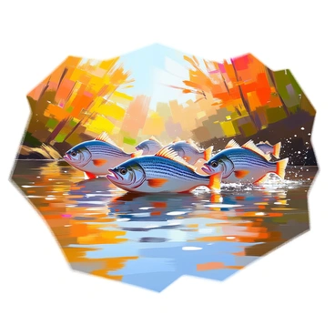 A dynamic scene depicting a school of "striped bass" swimming in a river, illustrating their migration during the changing seasons. In the background, vibrant green trees are starting to turn golden yellow and bright red, indicating the onset of autumn. The water reflects the colorful foliage above, and small ripples create a sense of movement. The fish are swimming in formation, showcasing their distinctive horizontal stripes as they navigate through the lush underwater vegetation. Sunlight filters through the water, casting shimmering patterns on the riverbed below.