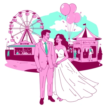 A pink couple is standing together in front of a large colorful carnival backdrop. The groom is wearing a light suit with a teal tie, while the bride is dressed in a flowing white wedding gown adorned with delicate lace. Surrounding them are vibrant carnival rides, including a towering Ferris wheel and various colorful game booths. Some balloons are floating above their heads, and the couple is holding hands, smiling joyfully while confetti falls around them. In the background, the lively atmosphere of the carnival is enhanced by the bright lights and excited guests enjoying the festivities.