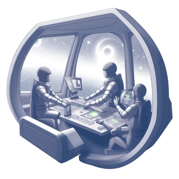 A team of space explorers inside a spaceship. The interior of the spaceship features several control panels with glowing buttons and screens. The crew members, dressed in futuristic space suits, are engaged in various tasks: one is piloting the ship, another is monitoring data on a screen, and a third is looking out of a large viewport. Outside the viewport, a galaxy filled with swirling stars, planets, and cosmic dust can be seen, creating a sense of vastness and adventure.