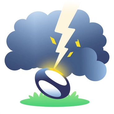 A rugby ball is positioned on a grassy field, ready for play. A dramatic bolt of lightning strikes down from a dark stormy sky, making contact with the ball. The lightning is bright and electrifying, illuminating the surrounding area with a brilliant flash. Dark clouds swirl overhead, emphasizing the intensity of the scene. The rugby ball displays traditional white and black patterns, contrasting with the vivid colors of the lightning and stormy backdrop.