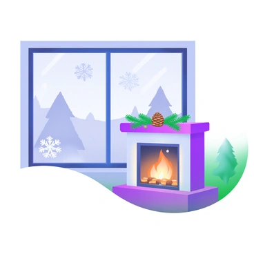 A frosty windowpane adorned with intricate snowflakes outside. In the foreground, a cozy fireplace is glowing warmly, with flames dancing and casting a soft light. The mantle above the fireplace is decorated with pinecones and a small garland of lights. In the background, a shadowy outline of a winter landscape is visible through the frosty glass. The entire scene evokes a feeling of warmth and comfort amidst the cold.