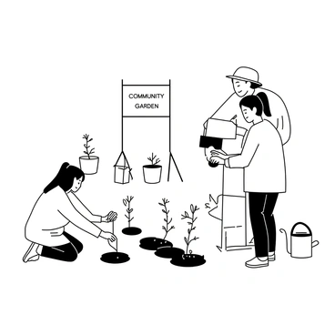 A group of volunteers is gathered in a community garden, planting young trees. One volunteer is kneeling on the ground, carefully digging a hole with a trowel. Another volunteer is holding a small tree sapling, preparing to place it in the hole. A third volunteer is standing nearby, filling a watering can with water. The garden is filled with soil, gardening tools, and small pots. A sign indicating "Community Garden" is visible in the background. The atmosphere is focused and collaborative as they work together to enhance the green space.
