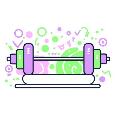 A barbell is centered in the image, resting on a flat surface. The barbell has thick, circular weights on either end. Surrounding the barbell, there are vibrant swirling shapes that give a sense of movement and energy. The weights appear to have intricate patterns etched into them, enhancing the visual interest. The background is filled with dynamic forms that seem to flow around the barbell, contributing to the overall sense of activity and strength.