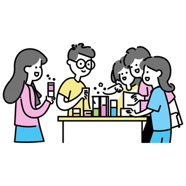 A group of five students, two boys and three girls, are gathered around a wooden desk. They are closely observing a science experiment. The desk is cluttered with several colorful test tubes filled with vibrant liquids in shades of red, blue, green, and yellow. One girl with long brown hair is holding a test tube and looking intently at it. A boy with glasses is taking notes on a notepad, while another boy points excitedly at the bubbling liquid in one of the test tubes. The remaining two girls are leaning over the desk, showing expressions of curiosity and amazement. The background is simple, allowing the focus to remain on the students and the science experiment.