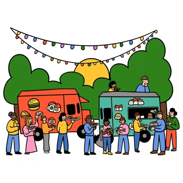 A lively food truck festival taking place in a bustling outdoor park. There are several food trucks in vibrant colors, each decorated to showcase their unique cuisines. One truck has a bright red exterior with images of burgers, while another truck is painted in teal with illustrations of sushi rolls. People of diverse backgrounds are gathered around the trucks, eagerly waiting in line and chatting happily. Some patrons are holding plates of food, sampling dishes from different trucks. Colorful string lights are hanging above, creating a festive atmosphere as the sun sets in the background.