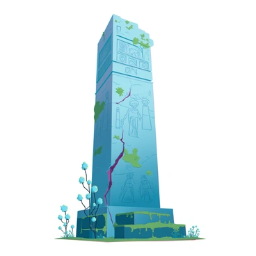 An ancient statue made of weathered stone, standing tall with intricate carvings depicting historical figures and symbols. Its surface is marred by a prominent crack that runs vertically from the base to the top, revealing the rough texture underneath. The statue is surrounded by overgrown vegetation, with moss clinging to its sides. Sunlight filters through the branches of nearby trees, casting dappled shadows on the ground.