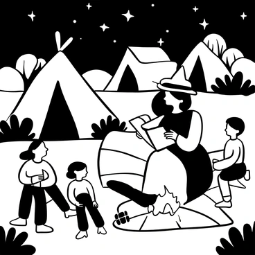 A friendly medieval witch, wearing a long flowing dress and a wide-brimmed hat, sits on a log beside a warm campfire. She is holding a large, ancient book, while several children gather around her, sitting on the ground with eager expressions. The campfire flickers brightly, casting shadows on the surrounding trees. In the background, a few cozy tents are pitched, and the night sky is dotted with stars. The scene is filled with the enchantment of storytelling, as a soft breeze rustles the leaves above.