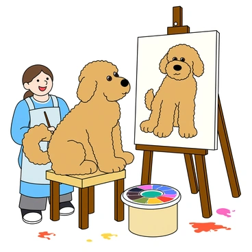 A fluffy labradoodle with curly golden fur is sitting patiently on a small wooden stool. Its big, expressive brown eyes are focused on the artist, who is positioned nearby. The artist is wearing a light blue apron and has a paintbrush in one hand, while a palette filled with vibrant colors rests on a small table beside them. The canvas shows the labradoodle's likeness in progress, capturing its playful personality. In the background, there are splashes of paint on the floor and scattered art supplies, creating a lively atmosphere in the studio.