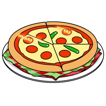 A round pizza with a golden-brown crust and evenly melted cheese on top. The pizza is divided into four equal slices, each topped with vibrant red pepperoni and green peppers. One of the slices is slightly raised and has a glowing label that says "4/3" in bold, playful letters. The pizza sits on a white plate with a red and green checkered tablecloth underneath, adding a lively touch to the presentation. The entire scene is bright and inviting, emphasizing the deliciousness of the pizza.