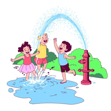 A group of children is laughing and playing in the spray of a water hydrant on a hot summer day. The hydrant is brightly colored, gushing water high into the air, creating a playful curtain of droplets. One child is jumping joyfully, reaching out to catch the water with their hands, while another is splashing through the puddles formed on the ground. A third child is standing underneath the water spray, grinning widely as the sunlight creates a shimmering effect around them. They are all wearing colorful summer clothes, and the background features vibrant greenery, enhancing the lively summer atmosphere.