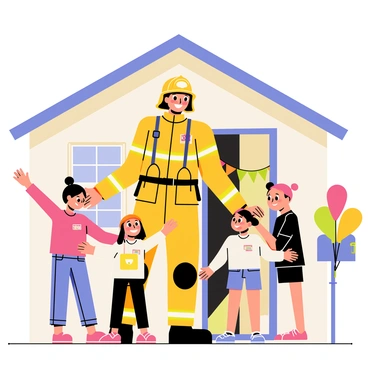 A firefighter in full gear, including a helmet and protective uniform, stands at the front door of a cozy house. The firefighter's face is lit up with a warm smile. Surrounding the firefighter are family members, including two children and a partner, all with joyful expressions. The children are reaching out with open arms, ready to embrace the firefighter. The partner stands beside them, also with arms outstretched and a beaming smile. The house is decorated with a welcome banner, and there are colorful balloons tied to the mailbox.