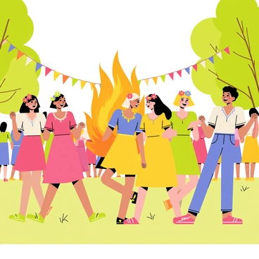 A vibrant festival scene featuring people dressed in bright, colorful dresses. Some individuals are wearing flowing skirts in shades of pink, yellow, green, and blue, while others sport floral crowns made of various wildflowers. The crowd is gathered in a sunlit park, with green grass underfoot. Banners in multiple colors are strung between trees, adding to the festive atmosphere. In the background, a large bonfire is crackling, with flames dancing towards the sky. Several people are dancing and laughing, capturing the joy of celebrating midsummer.