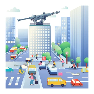 A large machine gun is mounted on a sturdy platform on top of a tall building. The gun is sleek and metallic, with intricate mechanisms visible. Below, a bustling city street is filled with a variety of vehicles, including cars and buses, navigating through traffic. Pedestrians are walking along the sidewalks, engaged in various activities, some are talking on their phones while others carry shopping bags. Tall skyscrapers surround the area, showcasing large glass windows reflecting the sunlight. The sky is clear with a few fluffy clouds, contributing to the vibrant atmosphere of the city.