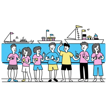 A group of spectators standing on a pier, holding colorful drinks in their hands. They are smiling and cheering, some waving their arms in excitement. The crowd includes men and women of different ages, dressed in casual summer clothing, such as t-shirts and shorts. In the background, a series of decorated boats float by on the water, adorned with bright flags and lights. The atmosphere is lively and festive, enhanced by the clear blue sky and the vibrant colors of the boats.