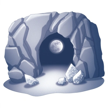 A cave entrance set against a rocky cliff face. The opening reveals a dark interior, leading into the unknown depths of the cave. Surrounding the entrance, various crystals emerge from the stone, exhibiting a glowing effect that illuminates the area. The moon hangs in the night sky, casting soft light over the scene and enhancing the sparkle of the crystals. Shadows play across the ground, creating an interplay of light and dark around the cave's mouth.