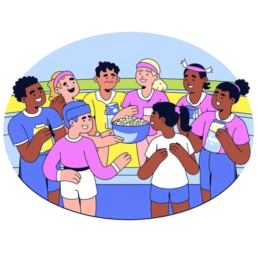 A group of teammates gathered together in a circle, smiling and laughing after a successful relay race. Each athlete holds colorful snack items, such as energy bars and fruit, while some share a large bowl of popcorn in the center. The scene captures their excitement, with high-fives exchanged and enthusiastic expressions on their faces. The background shows a sunny day at the track, with a clear blue sky above.